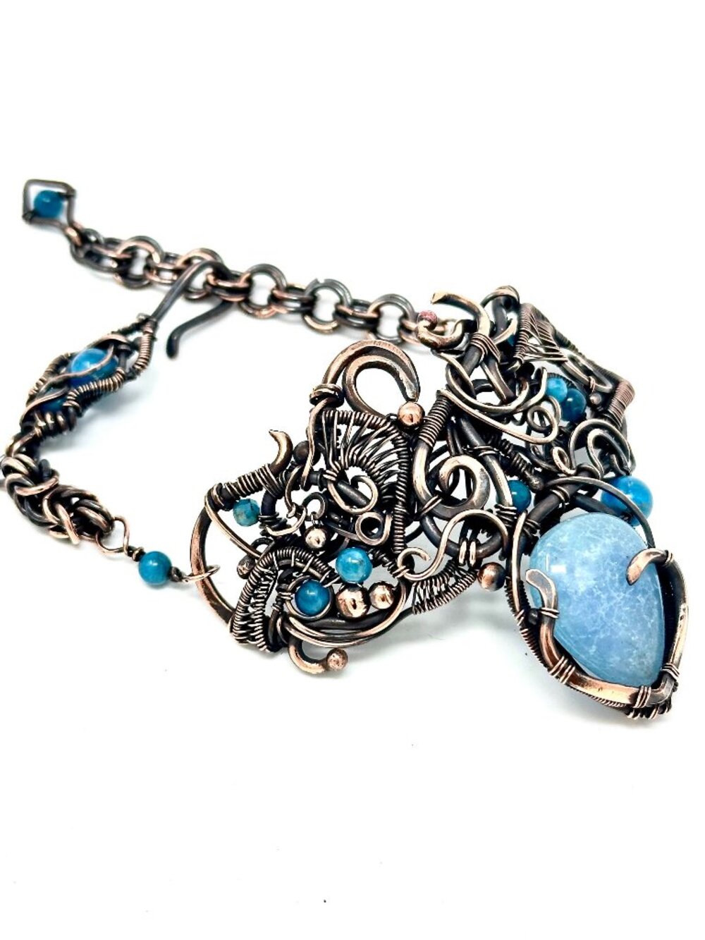Handmade Copper Wire Wrapped Bracelet Cuff with Blue Jade and Apatite Gemstones